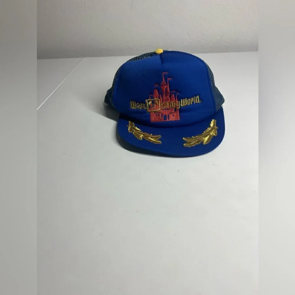 Vintage Walt Disney World 1980's Mesh Snapback Blue Trucker Hat Cap Gold Leaf - Picture 2 of 5